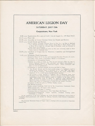 Doubleday Field Programs - July 11th American Legion Day